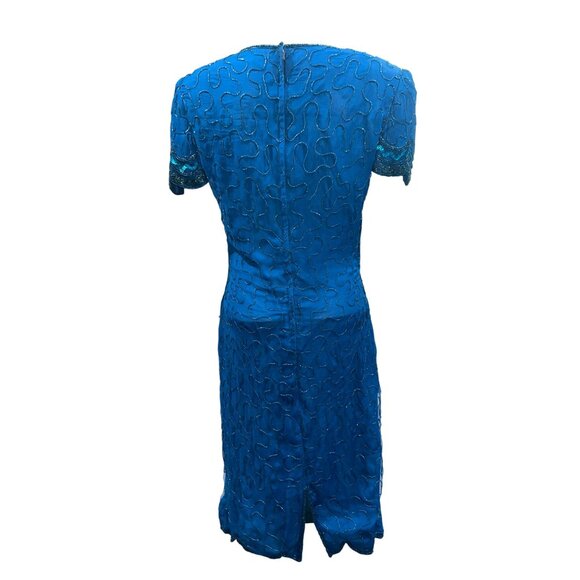 All Silk Vintage Dress by Allyson Whitmore S Teal Hand Beaded Cocktail Party Chi - Picture 7 of 12